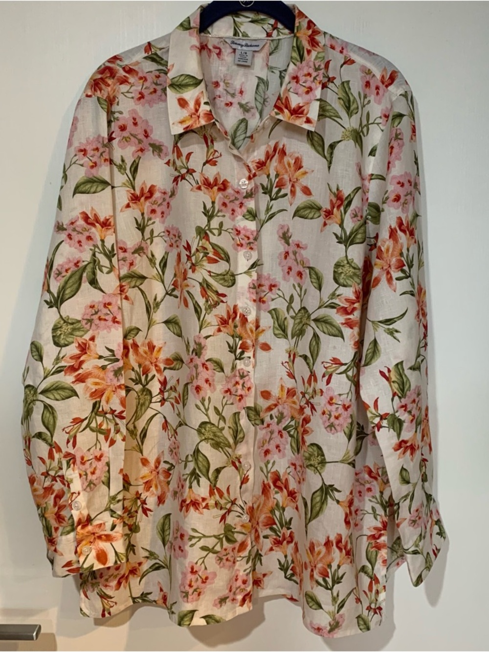 Tommy Bahama Large Cream Floral Button-Up with Orange & Green Accents